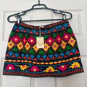 RAGA Anthropologie Vibrant Embroidered Mini Skirt